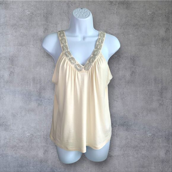 Tank Top Large Cream with Sequin Embellished V Neckline Work To Weekend Shirt - Picture 8 of 9